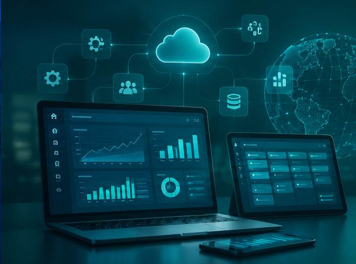 Laptops con paneles de analítica empresarial conectados a servicios en la nube
